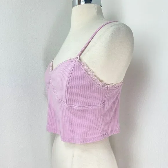 Pac Cares Pink Crop Baby Doll Halter Top Medium Ribbed Knit Lace Boho Fairy Goth - Picture 5 of 9